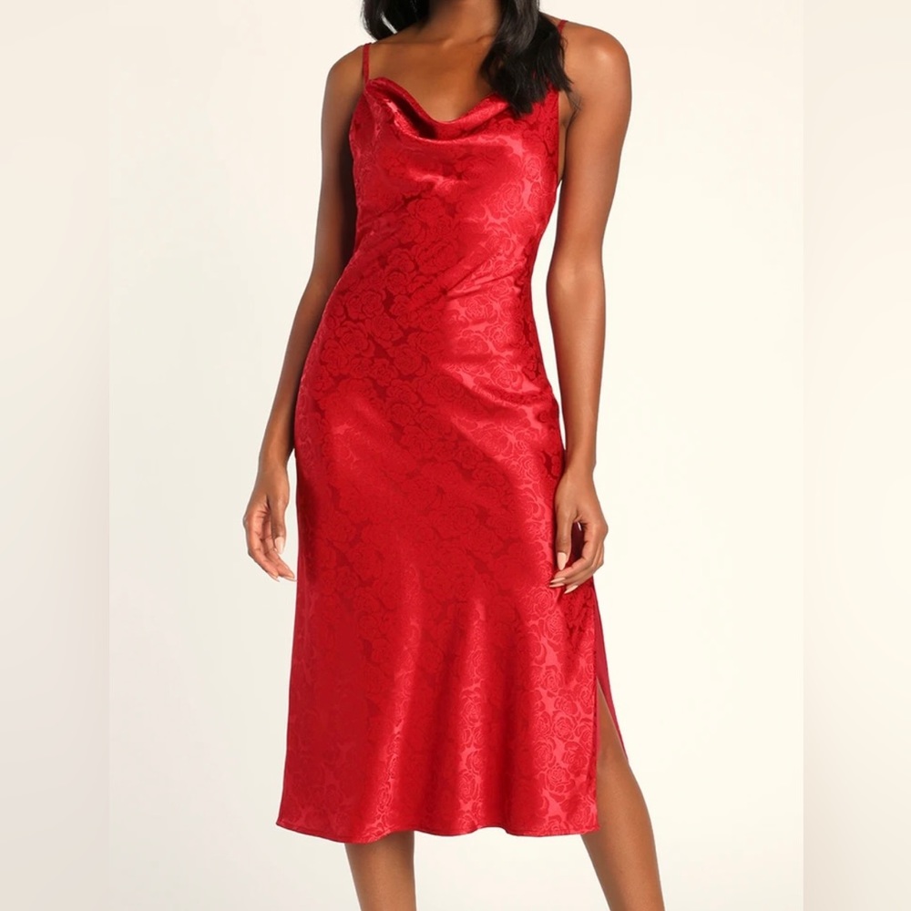 Lulus You're My Type Red Satin Jacquard Midi Slip Dress